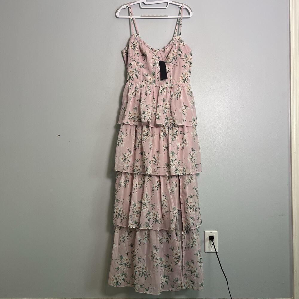 NWT VIGI Flourishing Shine Light Pink Floral Tiered Maxi Dress Sz L
